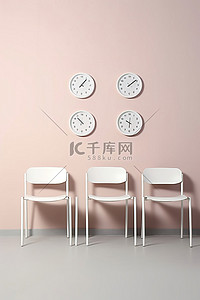 白色时钟背景图片_一把白色椅子坐在四个白色时钟旁边
