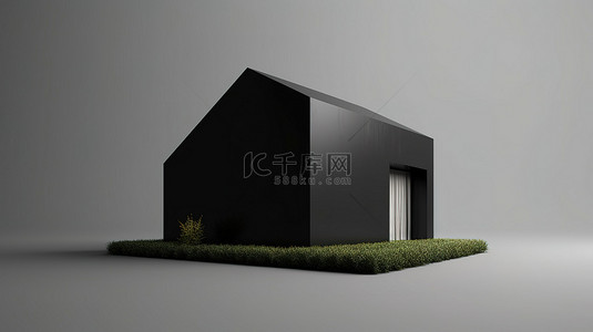 抽象村庄背景图片_郁郁葱葱的草坪上简约黑屋的 3D 插图