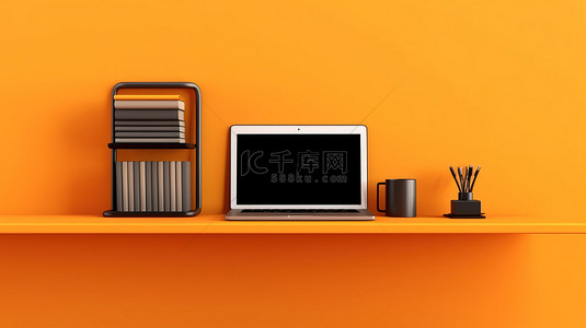 场景办公背景图片_方形背景橙色架子上显示的笔记本电脑的 3D 插图