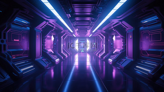 太空飞船走廊的科幻插图霓虹灯发光的蓝色紫色背景 3d 渲染
