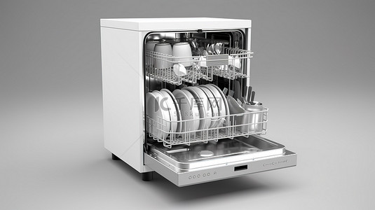 白色背景独立式洗碗机的 3D 渲染