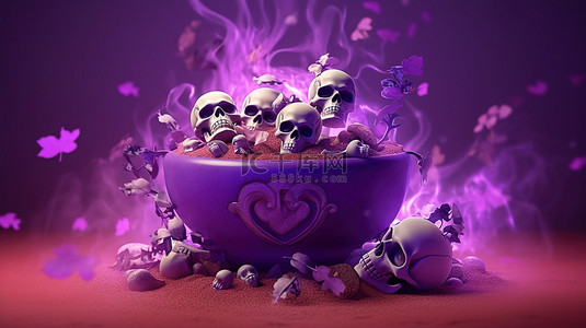 匪萌十月壁纸背景图片_传统的十月假期女巫酿造的大锅墓骨和头骨，紫色背景，3D 渲染万圣节快乐