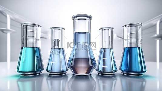 用于化学和医学研究的实验室玻璃器皿管烧瓶烧杯等的逼真 3D 模型