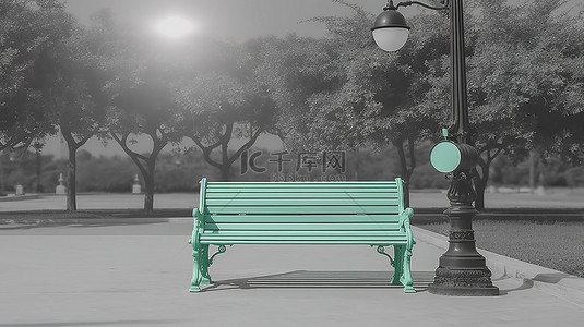 卡通公园长椅背景图片_复古公园长椅和柔和绿色 3D 渲染的单色路灯
