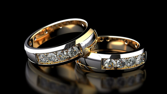 黑色婚礼背景图片_黑色背景上孤立夫妇的金银钻石戒指的 3D 渲染