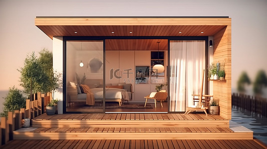 3D 渲染现代小房子的时尚木制露台