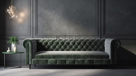 现代室内设计 3D 渲染灰色墙壁和浅绿色沙发在现实场景中
