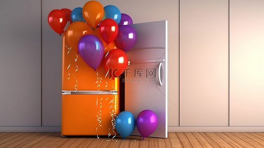 彩色金属背景图片_3d 渲染的冰箱冰柜和彩色气球