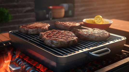 熟的背景图片_铁板烤架，配有两块多汁的牛排，3D 插图和渲染