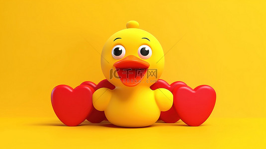 浪漫黄色背景背景图片_3D 渲染的黄色卡通鸭人物，在充满活力的黄色背景上带有红心吉祥物