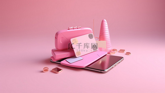 3D 渲染的省钱图标插图，具有粉红色背景下的在线支付钱包堆叠硬币和信用卡