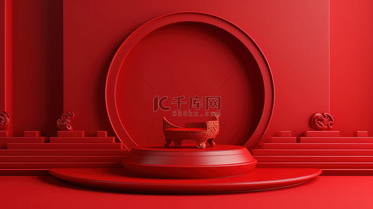 红色中国风 3d 抽象背景模型与讲台 3d 渲染的产品展示