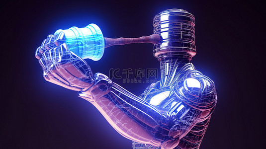 正义的人背景图片_网络法的可视化与 3D 渲染的机器人手持法官的木槌在白色背景