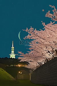 春天旅游背景背景图片_高塔附近墙上的樱花树