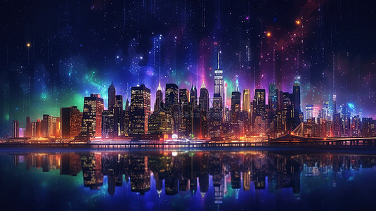 城市景观被发光的霓虹灯颜色和繁星点点的夜空 3D 渲染照亮