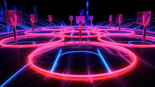 全新玩法背景图片_虚拟霓虹灯篮球场高科技运动场的 3D 渲染