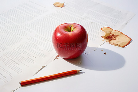 坐在铅笔上背景图片_一个苹果和红铅笔坐在一张纸上
