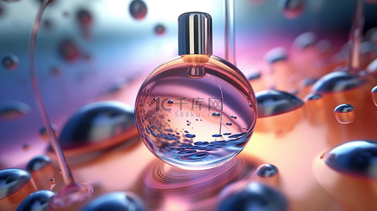 化学实验室背景背景图片_包裹在液体气泡中的护肤化妆品分子的 3D 插图