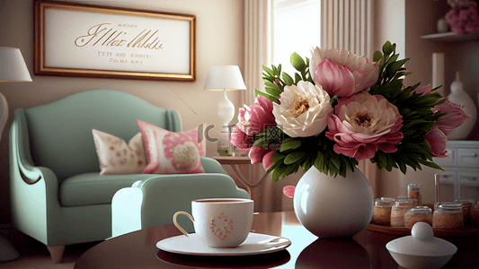 拿铁背景图片_为妈妈准备的咖啡拿铁浅蓝色沙发粉色玫瑰