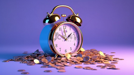 3D渲染蓝色卡通闹钟和紫色背景上的钱币描绘的宝贵时间