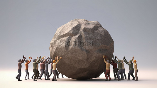 团队合作的力量一个团队举起一块岩石的 3D 渲染，象征着业务实力和组织