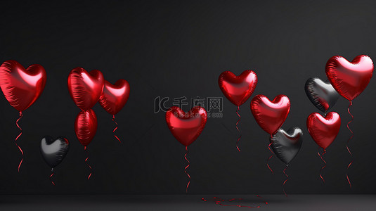 红色心形气球的 3D 渲染，在黑色背景场景中庆祝快乐的生日
