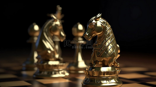 象棋游戏背景背景图片_金色 3d 骑士和皇后棋子在背景