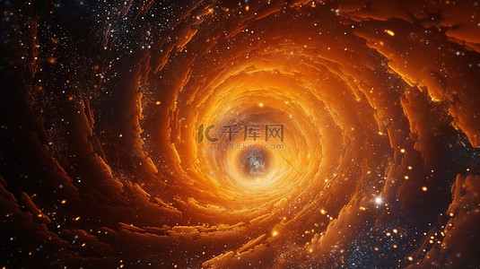 宇宙深空背景图片_具有橙色螺旋星系的深空球体系统的 3D 渲染