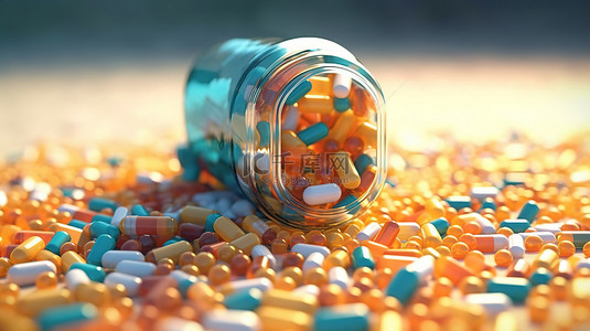 处方调配背景图片_分散处方药的药物图像 3D 渲染插图