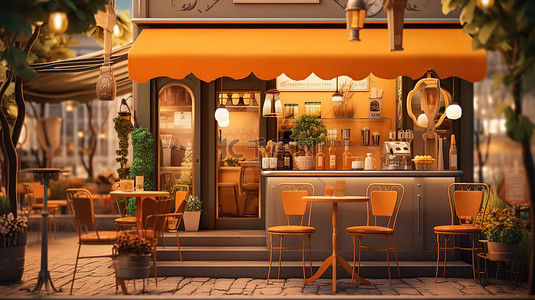 前台前台柜子背景图片_迷人的街头咖啡馆的 3d 渲染