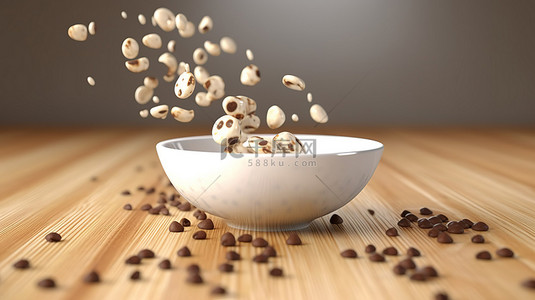 巧克力片层叠到瓷碗和木板上的 3D 插图
