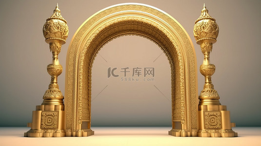 王国城堡背景图片_带有发光中世纪拱门的封闭城堡大门的 3D 渲染