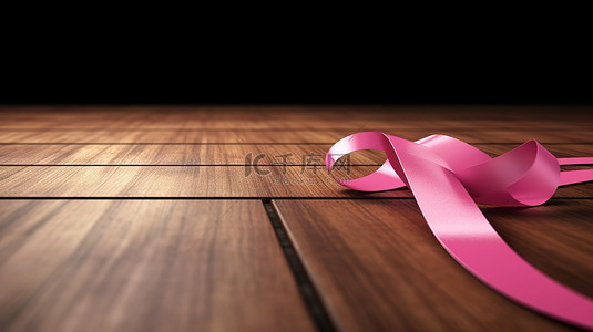 希望丝带 3d 在木桌上呈现粉红色乳腺癌意识符号