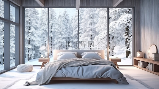 室内墙壁设计背景图片_斯堪的纳维亚冬季场景 3D 现代室内卧室设计与窗户景观的渲染
