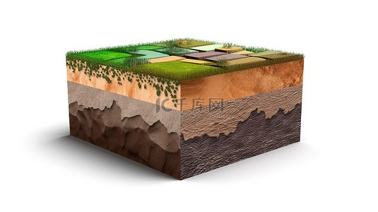 切掉绿草和泥土的方形土壤横截面的孤立 3D 插图