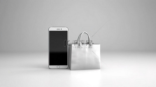在线商店中带有空白白屏购物袋和购物车的手机 3D 渲染