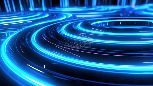 光效粒子科技背景图片_带有蓝色发光霓虹灯线的未来空间背景的 3D 渲染