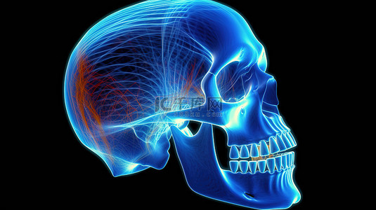 x光头骨背景图片_抽象形式牙科 X 射线风格 3D 渲染的头骨