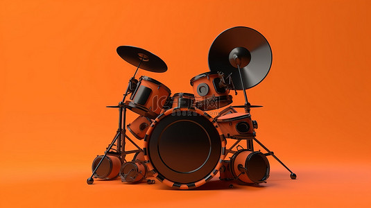 橙色背景上抽象橙色粘土风格的专业黑色鼓套件的 3D 渲染