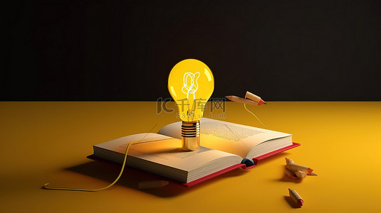 3d 渲染中漂浮的黄色书铅笔和灯泡