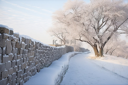一条通向白雪覆盖的墙壁的小路