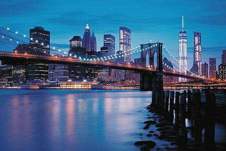当布鲁克林大桥在黄昏时分被点亮时，蓝色的灯光出现在水面上