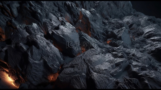 复古瓦背景图片_具有煤炭和页岩纹理和亮点的粗糙黑色石材表面的 3D 渲染