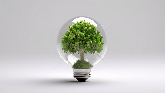 灯泡内封闭的绿树通过白色背景上的 3D 渲染象征着节能和环境意识