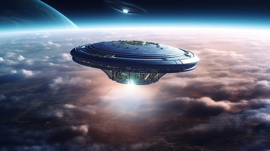 星球未来科技背景图片_盘旋在 3D 渲染的地球上空的外星飞船