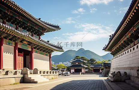 传统山背景图片_靠近山的韩国传统城市