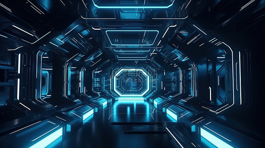科幻室内 3D 渲染中具有简单几何形状和霓虹灯的未来金属抽象背景