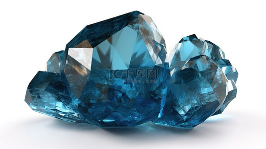 白色背景上蓝色宝石晶莹剔透的 3D 渲染天然金块和深奥配件