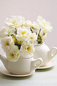 玫瑰白背景图片_坐在白茶壶里的白花