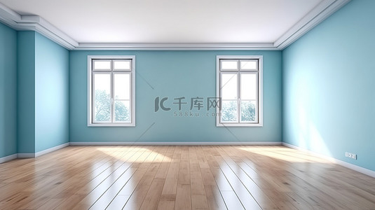 浅蓝色沙发背景图片_3D 渲染的房间，具有简约的氛围浅蓝色墙壁和木地板